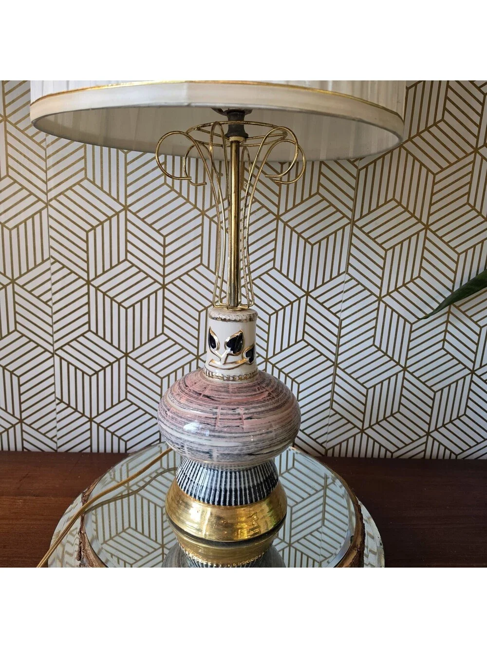 Vintage 1950s Mid Century Ceramic Lamp Pink Black Gold Atomic Wire Cage & Shade
